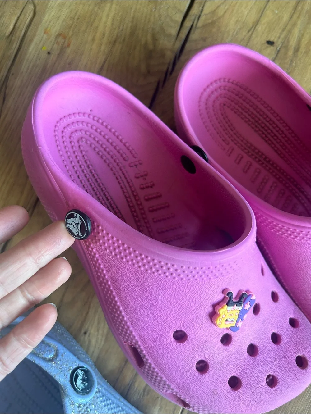 Kids Lightweight Slip-On crocs clogs - Pink and lilac purple glitter size 2